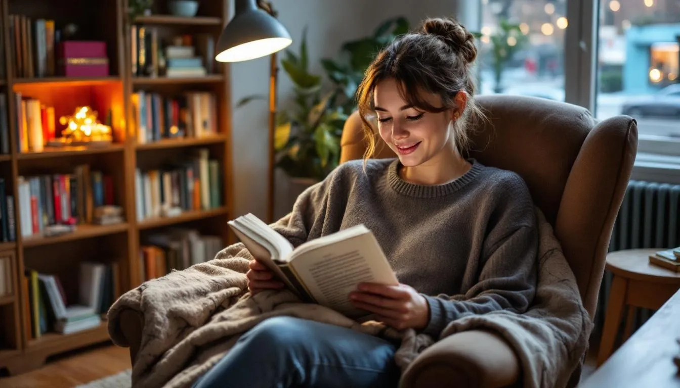 The image depicts a person engrossed in reading a physical book, enjoying the tactile experience of turning the pages. This scene highlights the charm of printed books, contrasting the digital formats of ebooks and emphasizing the personal preference many avid readers have for print versions.