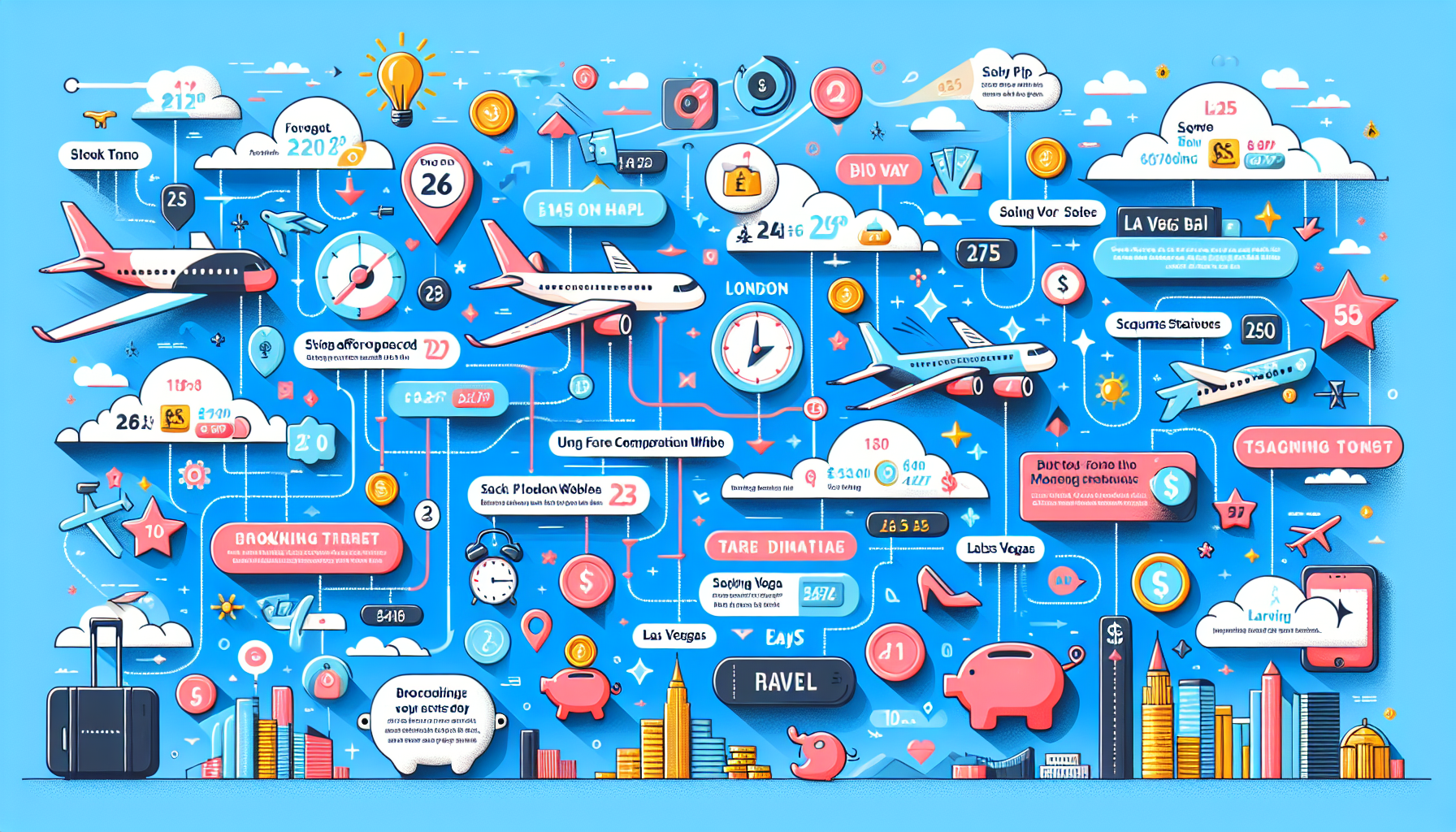 An infographic illustrating tips for finding cheap flights from London to Las Vegas.