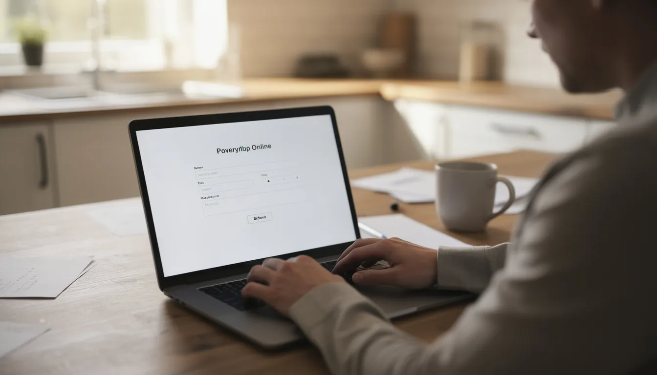 A person is sitting at a kitchen table, focused on completing a self certification form on their laptop, which is necessary for proving their illness and qualifying for statutory sick pay. The scene conveys a sense of diligence as they prepare to provide the required medical evidence to their employer.