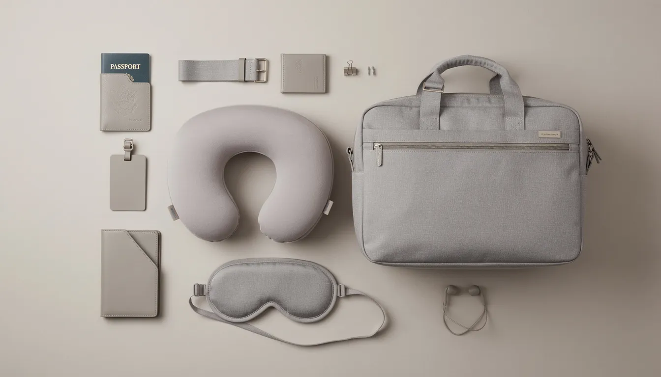 The image features a compact trtl travel pillow and a handy travel bag neatly arranged on a clean surface, showcasing their ergonomic design for maximum neck support during long flights. The pillow's lightweight and machine washable fabric promises comfort and convenience, making it an essential travel accessory for reducing neck pain and enhancing sleep quality.