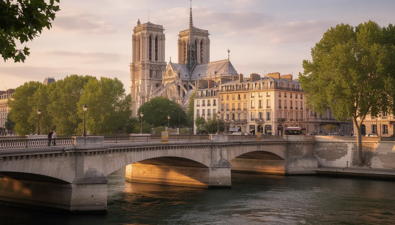 Zabytkowy most na Sekwanie z widokiem na paryskie kamienice oraz katedrę Notre Dame w tle, tworzy romantyczną scenerię, idealną na sylwester w Paryżu. W tle widać również eleganckie lokale, które zapraszają do spędzenia wieczoru w mieście miłości.