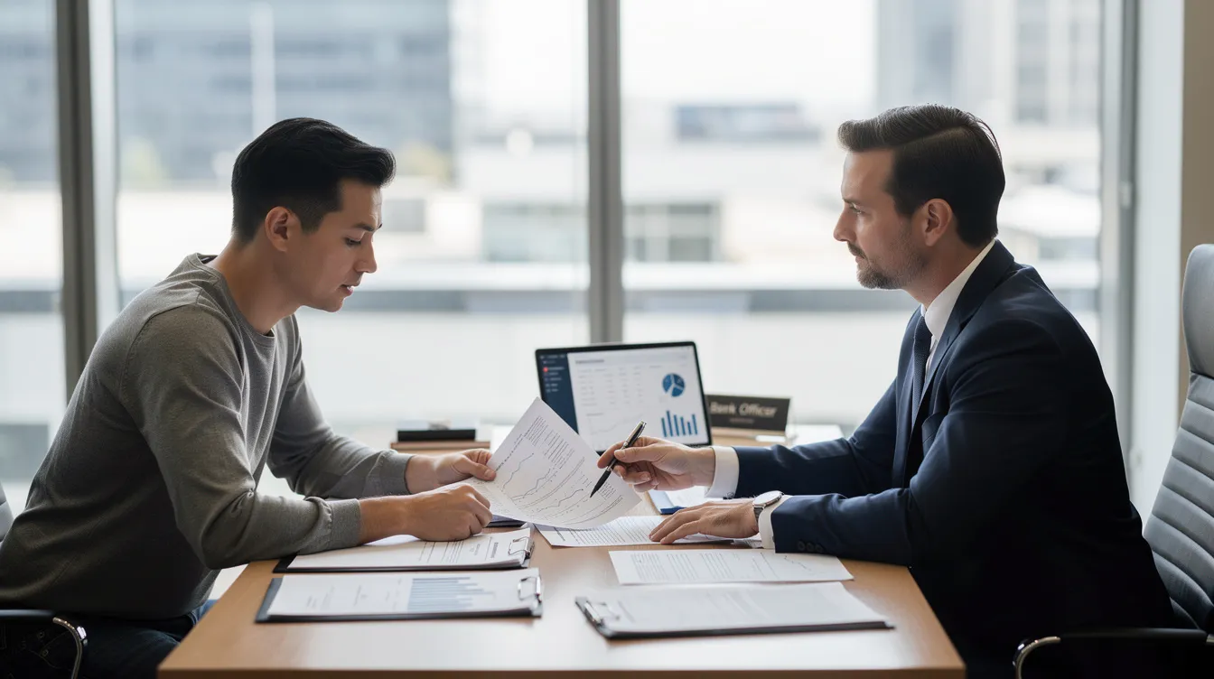 13a46866 70ab 44c9 b6ad 7887b3f62277 The image depicts a small business owner engaged in a conversation with a bank officer, who is reviewing documents related to micro finance institutions and the Pradhan Mantri Mudra Yojana. They are discussing important details such as loan amounts, eligibility, and the necessary paperwork for accessing funding to support micro and small enterprises.