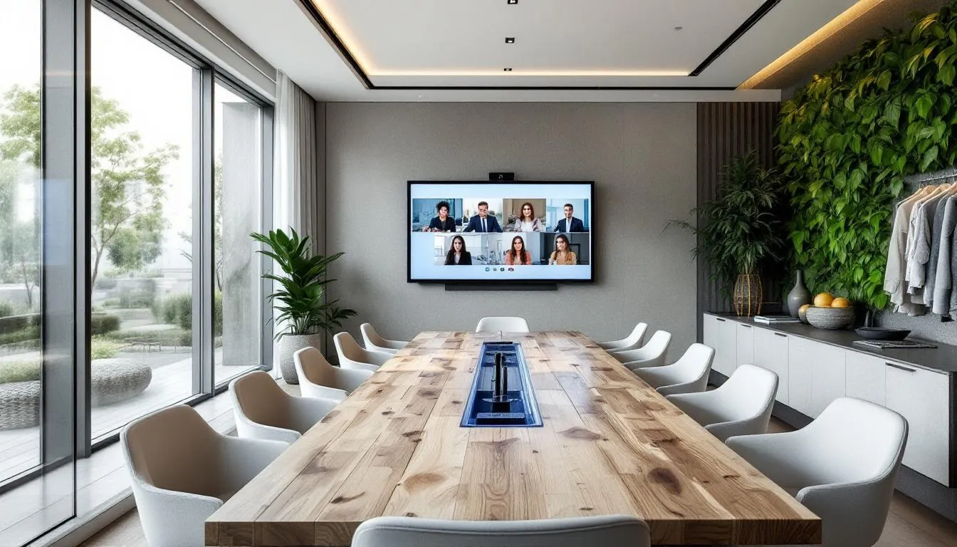 A modern hotel meeting room designed for corporate events features advanced technology and sustainable design elements, creating an ideal space for industry leaders and MICE professionals to host meetings and share knowledge. The room is equipped with breakout areas and high-tech presentation tools, promoting a productive environment for conferences and incentive tourism.