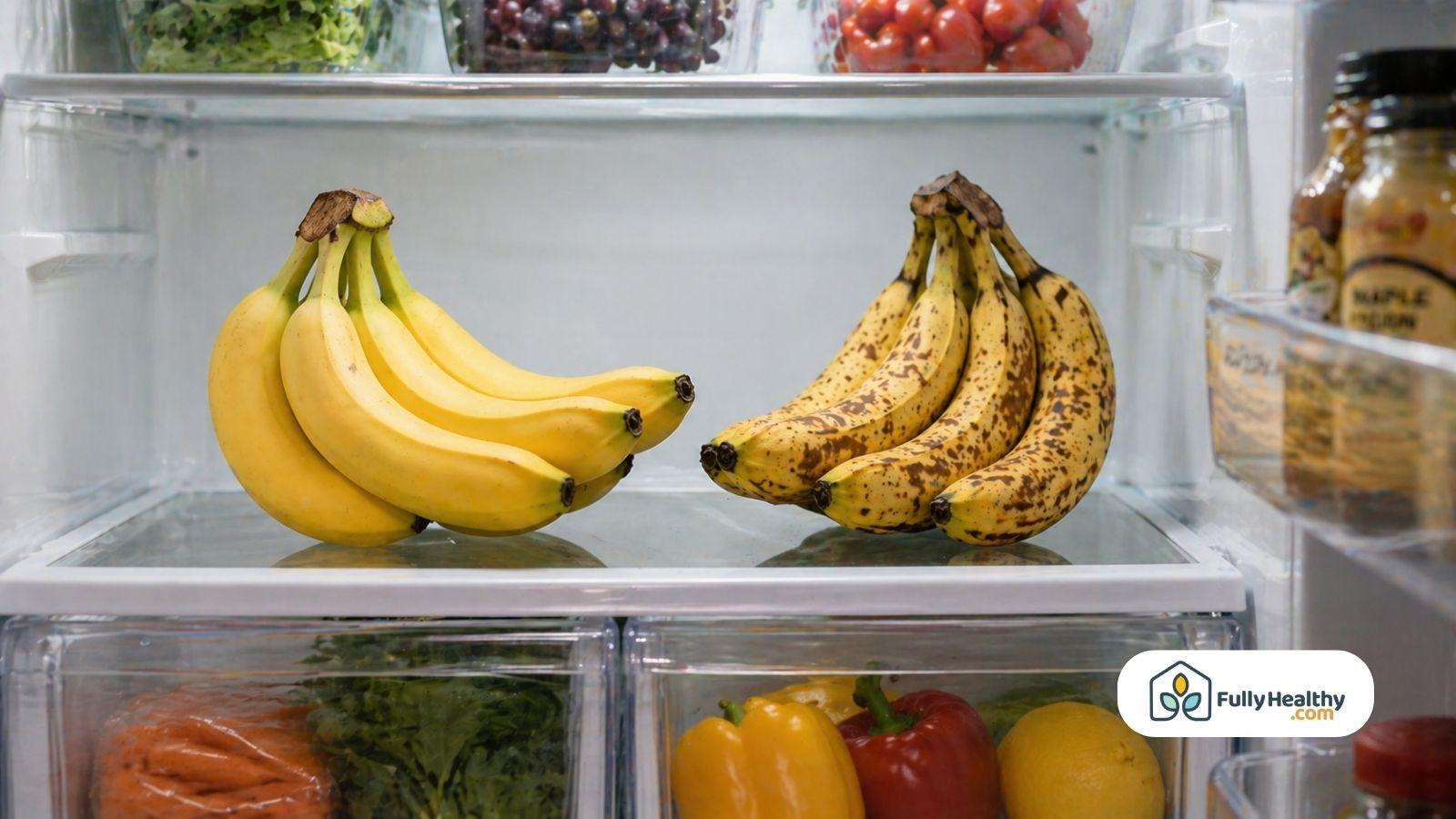 Fresh and ripe bananas stored inside refrigerator drawer side by side