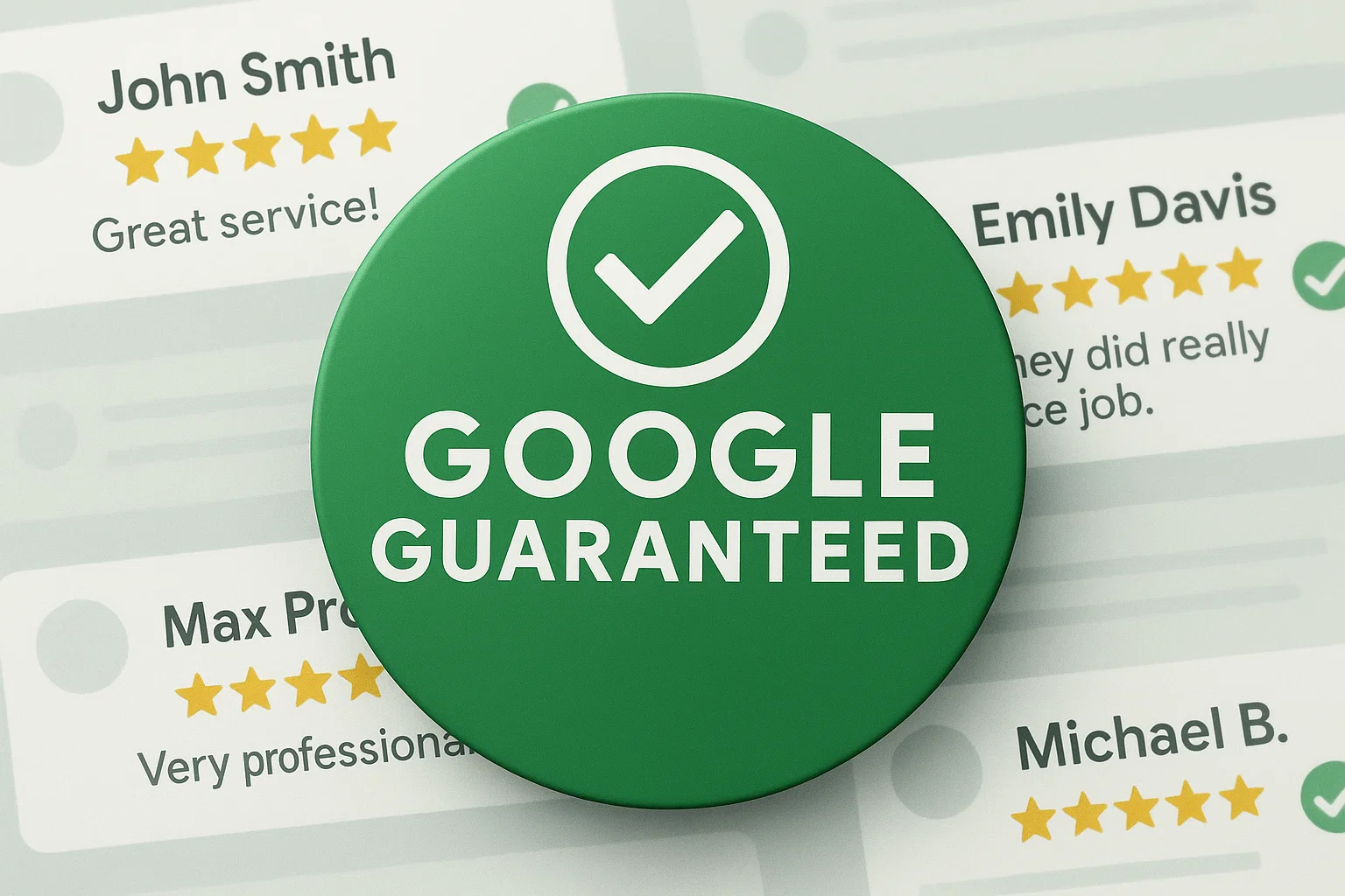Google Guaranteed badge on a verified business listing with trust and verification symbols.