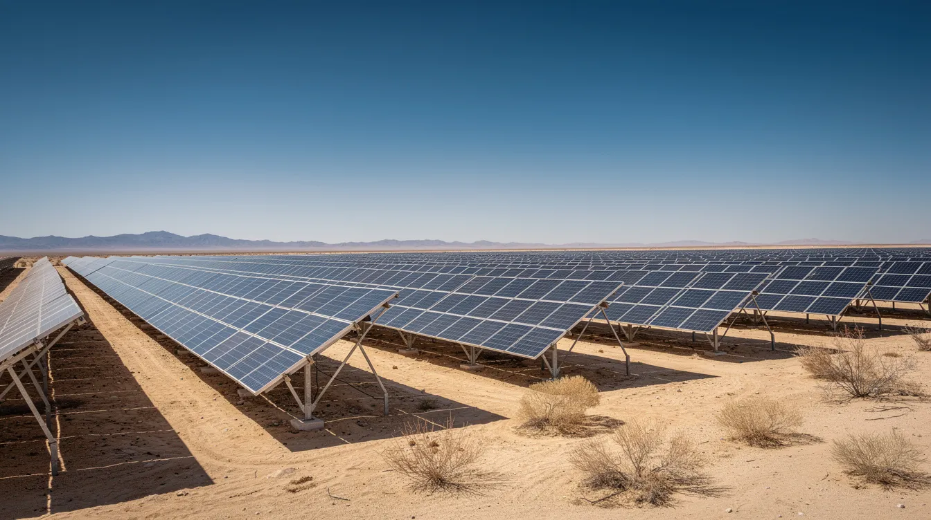 The image depicts solar panels installed across a vast desert landscape under a clear blue sky, showcasing a commitment to sustainability and renewable energy. This installation reflects the growing importance of ESG strategies in addressing environmental challenges and promoting energy efficiency.