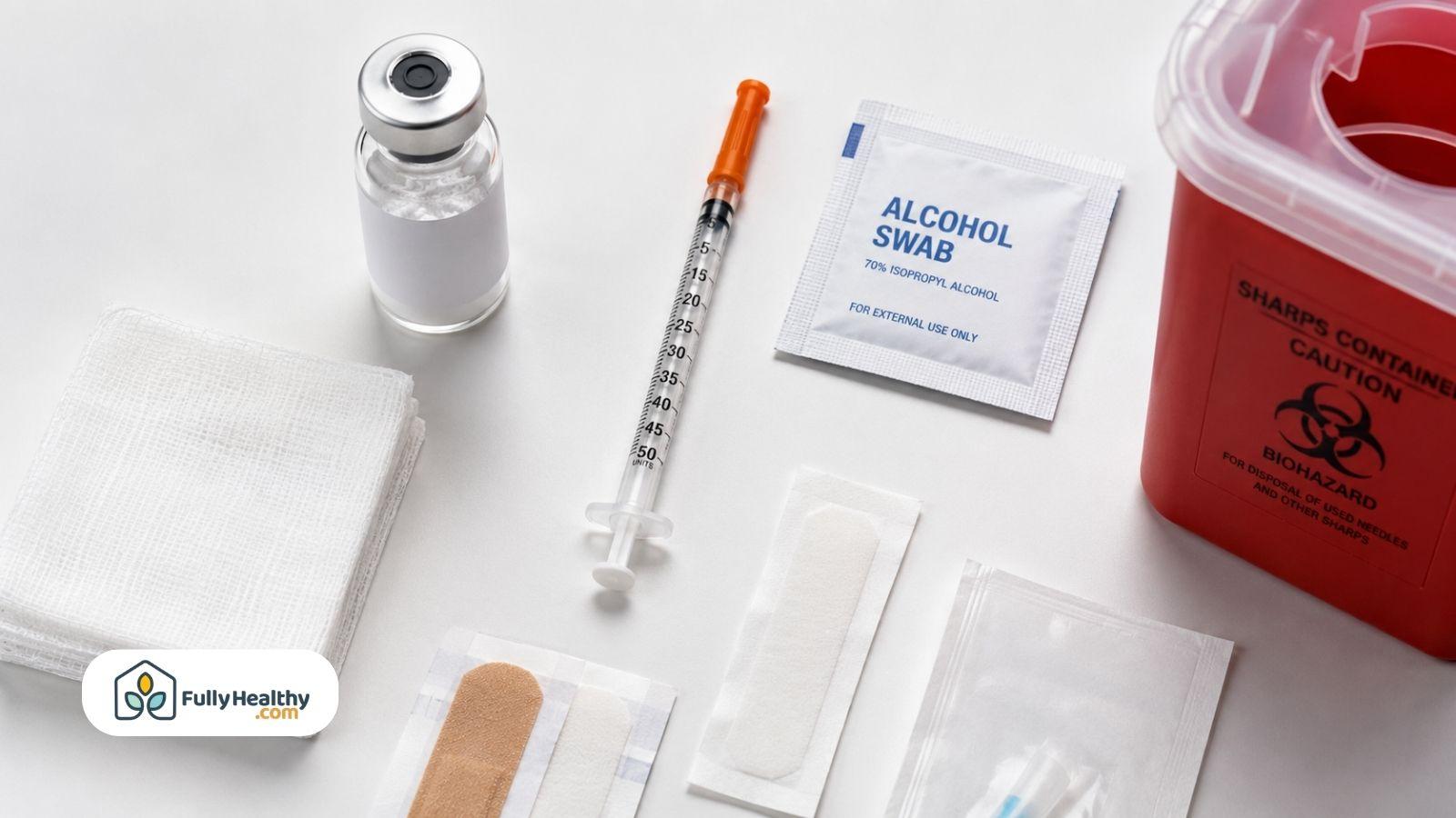 Medical supplies for peptide injections including syringe alcohol swabs gauze and sharps container