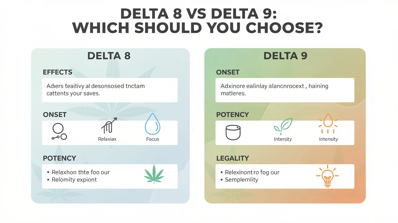 The image illustrates the comparison between Delta 8 and Delta 9 THC, highlighting their unique effects on the body's endocannabinoid system, potential health benefits, and legal status. It emphasizes the differences in their psychoactive effects, with Delta 8 being federally legal and derived from the hemp plant, while Delta 9 is often associated with regular cannabis and may produce more intense intoxicating effects.