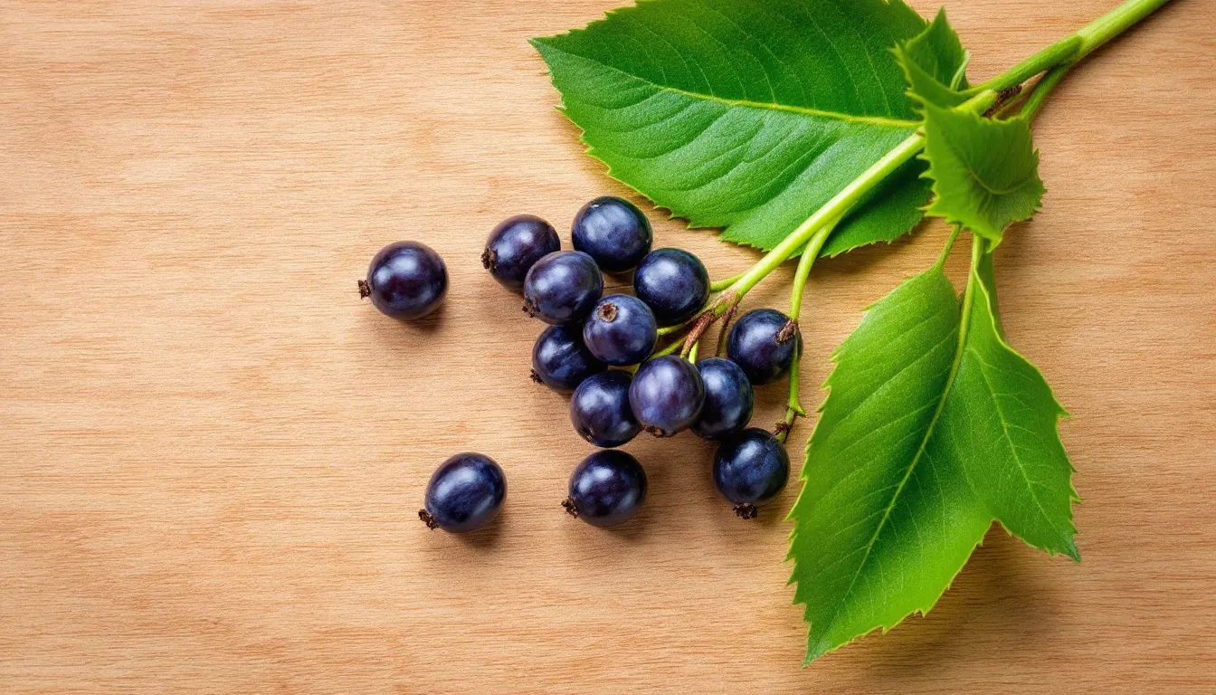 The image features fresh sea buckthorn berries and vibrant green leaves artfully arranged on a rustic wooden surface, highlighting the natural ingredients known for their health benefits, including high levels of vitamin C and E. This arrangement showcases the berries, often used in sea buckthorn tincture and oil, which are recognized for their potential in treating various ailments and promoting overall wellness.