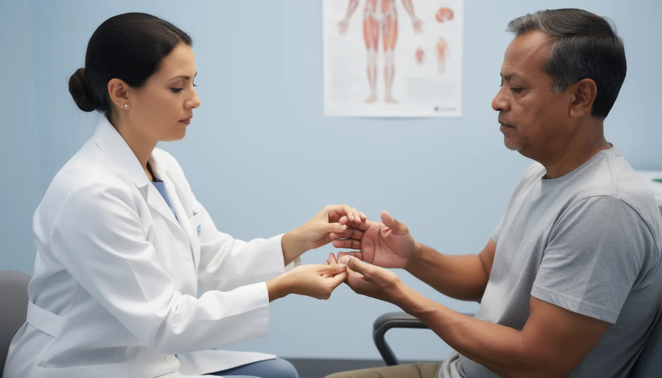 A medical professional is conducting a neurological examination on a patient's hands, assessing nerve function and sensitivity, which is crucial for diagnosing conditions related to neuropathic pain and the central nervous system. This examination may help identify issues such as peripheral neuropathy or nerve injury, contributing to the patient's overall quality of life and pain management strategies.