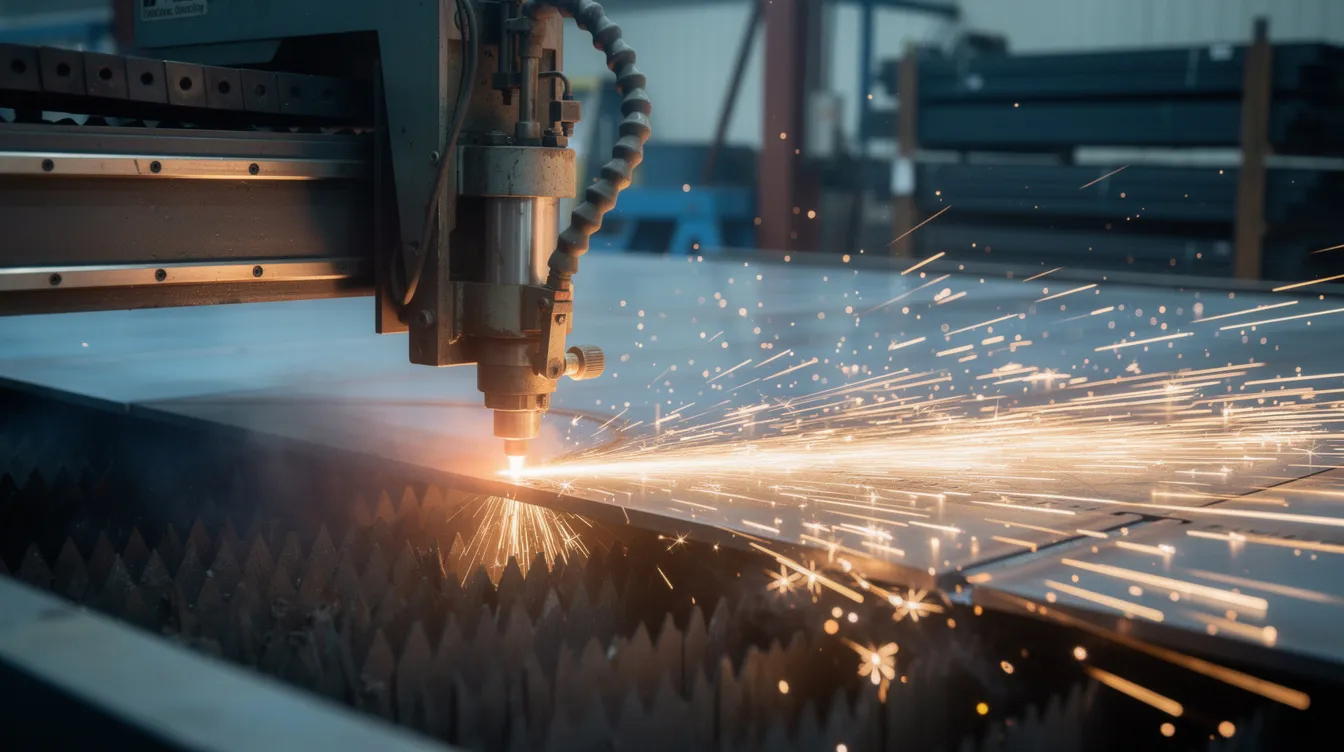 An industrial fiber laser cutting machine is actively slicing through a steel sheet, generating bright sparks as it cuts, showcasing the precision of the sheet metal fabrication process. This scene highlights the manufacturing process used to create complex shapes in metal parts, emphasizing the efficiency of laser cutting technology.