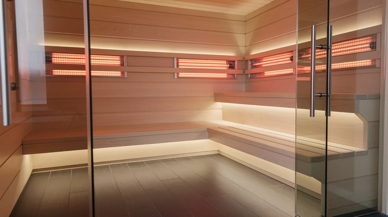 The image depicts a modern home sauna interior featuring sleek wooden panels and advanced infrared heating elements, designed for optimal sauna experiences. This space highlights the importance of proper sauna electrical installation, including considerations for electrical components and local building codes to ensure safety and efficiency.