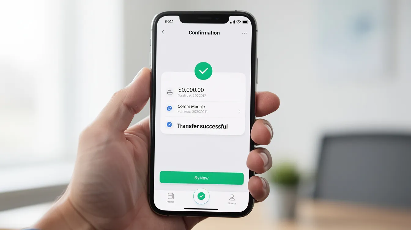 A hand is holding a smartphone that displays a banking application with a confirmation message for a funds transfer. The screen indicates successful completion of the transaction, highlighting features relevant to online loans and instant approval.