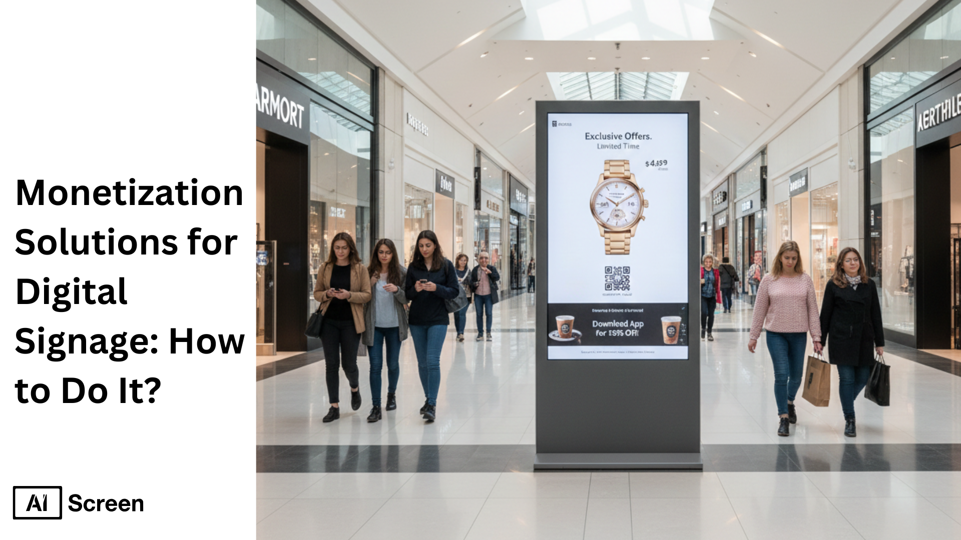 Monetization Solutions for Digital Signage: How to Do It? 1 Digital signage screens displaying advertisements for monetization opportunities