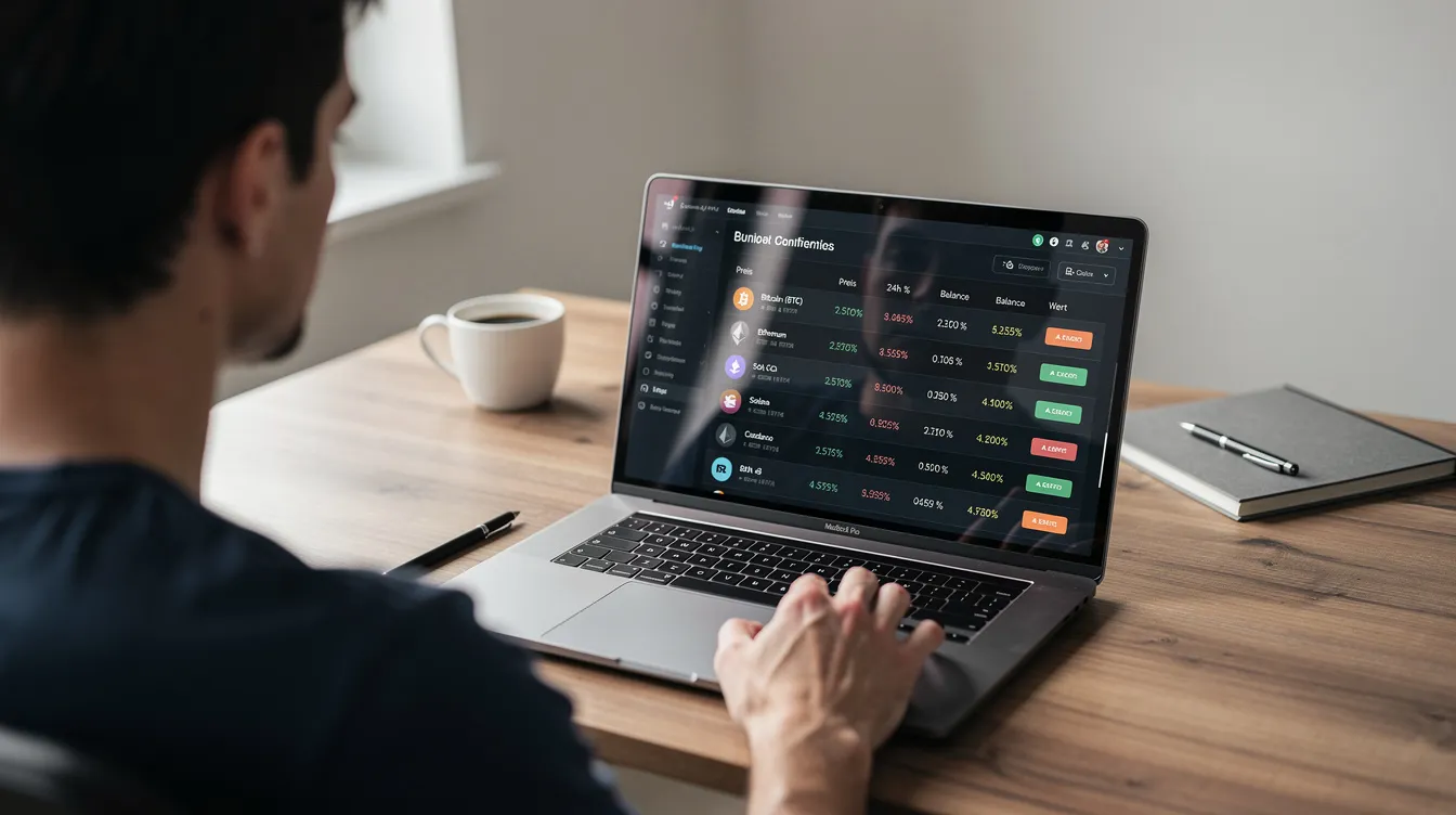 Eine Person sitzt vor einem Laptop und betrachtet ihr Krypto-Portfolio, das verschiedene Kryptowährungen wie Bitcoin und Ether zeigt. Auf dem Bildschirm sind Informationen zu Krypto-Gewinnen und der Besteuerung von Kryptowährungen in Deutschland zu sehen, was für Krypto-Anleger wichtig ist, um die steuerlichen Regelungen und Haltefristen zu verstehen.