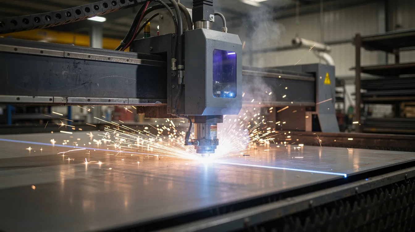 An industrial fiber laser cutting machine is actively processing a flat sheet metal of mild steel, with bright sparks flying as it cuts through the material. This high-precision equipment is commonly used in the automotive industry for creating complex shapes and components essential for vehicle body work.