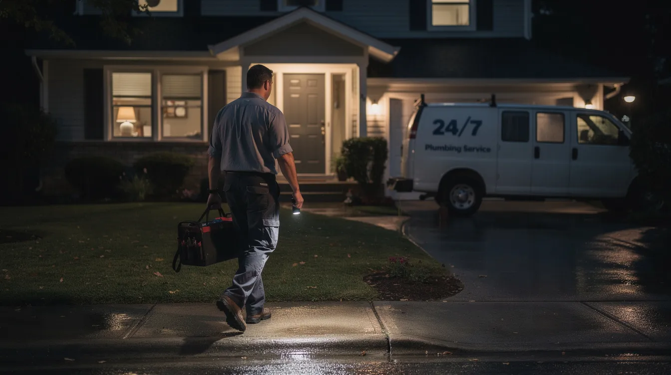 A licensed plumber in uniform is arriving at a residential home at nighttime, with a work van parked in the driveway, ready to respond to a plumbing emergency. This professional is equipped to handle urgent plumbing problems, ensuring immediate service for issues like burst pipes or clogged drains.