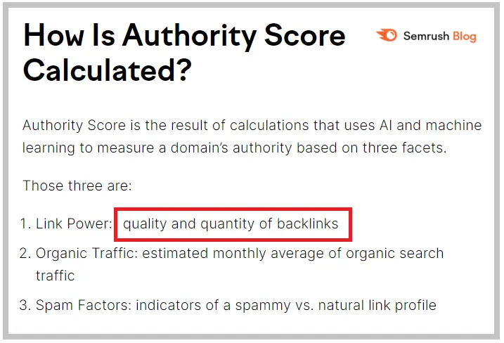 SEM Rush Description of Authority Score calculation