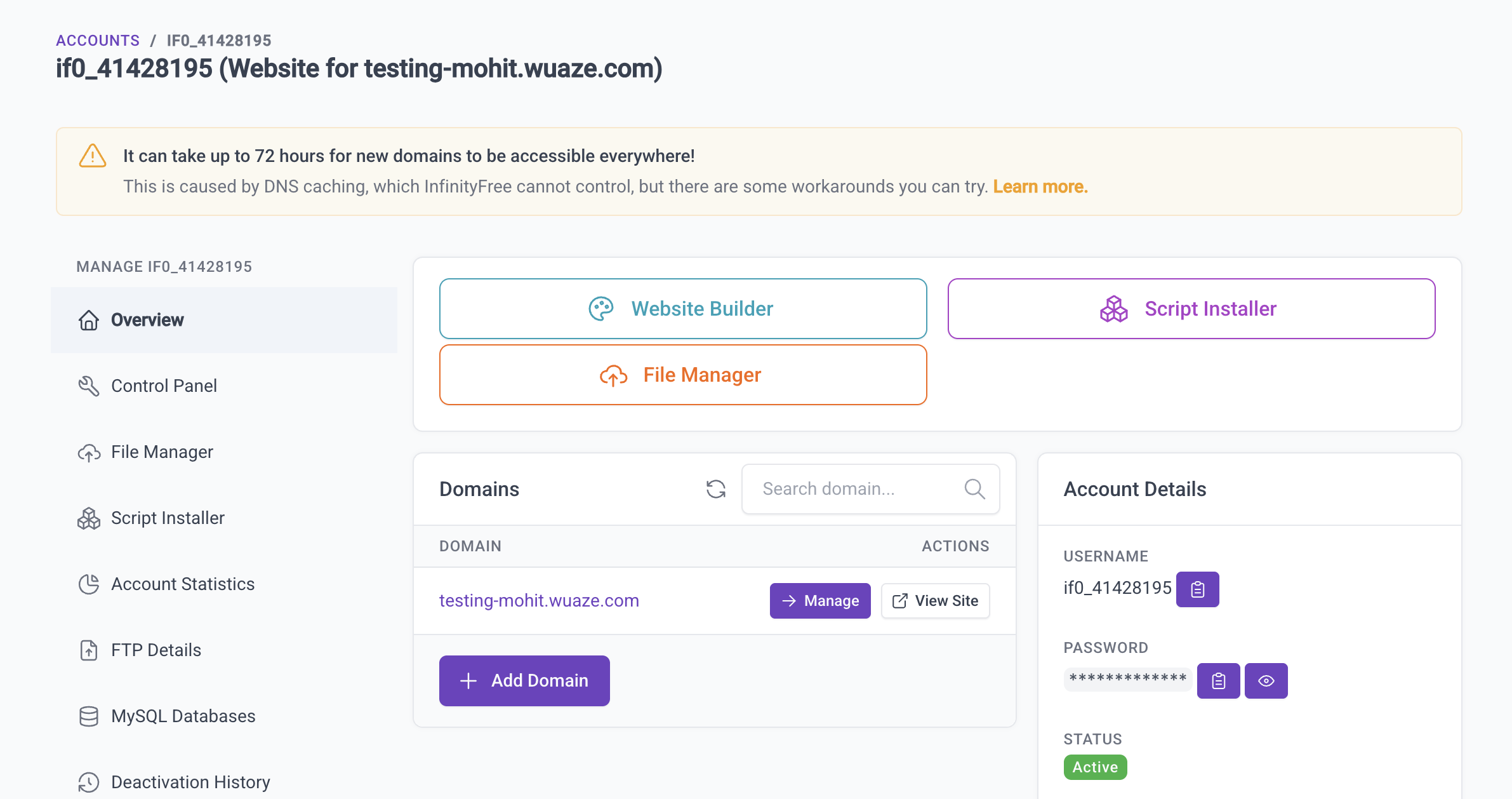 InfinityFree website dashboard.