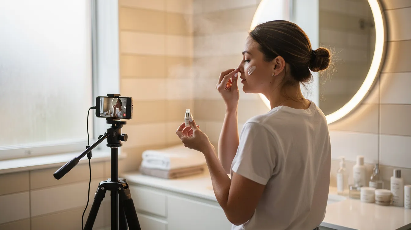 A content creator is filming a skincare product demonstration in a well-lit bathroom, using a smartphone mounted on a tripod. The scene captures the essence of engaging short-form video content, ideal for awareness campaigns aimed at building desire among new audiences for DTC brands.