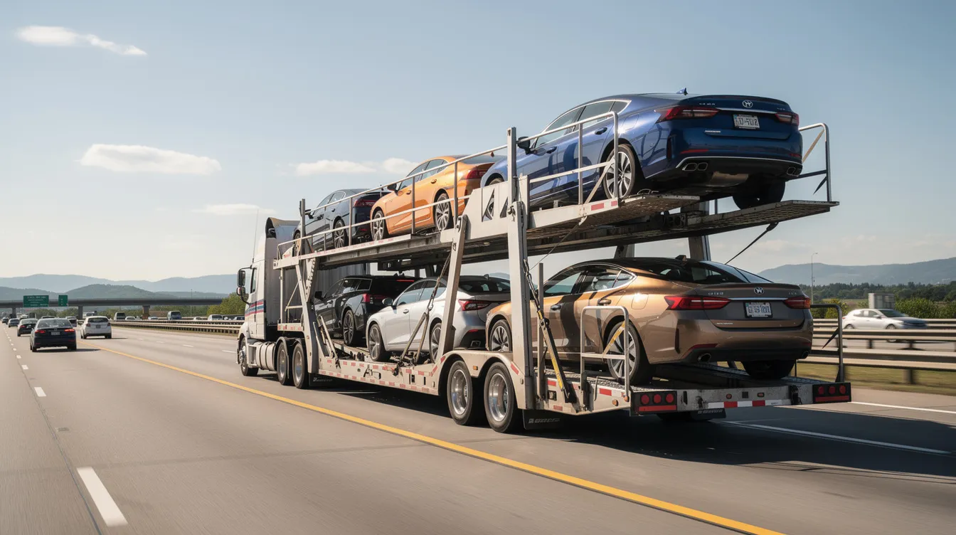 A semi-truck car carrier is seen driving on an interstate highway, loaded with multiple vehicles ready for transport. This scene highlights the efficient car shipping services available for healthcare professionals and travel nurses who need to transport their personal vehicles to new assignment locations safely and reliably.