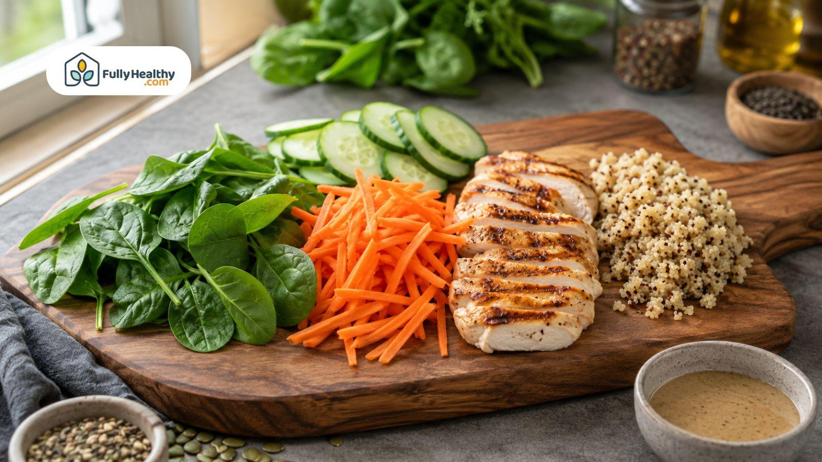 Fresh spinach leaves alongside grilled chicken, carrots, cucumber, and quinoa on a wooden meal prep board.