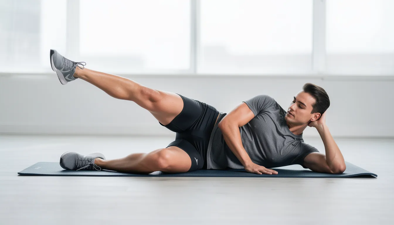 A person is performing a side-lying hip abduction exercise on a mat, focusing on strengthening the outer hip and thigh muscles. This exercise can help alleviate hip pain and improve stability in the hip joint, which is crucial for preventing injuries and managing conditions like hip bursitis.