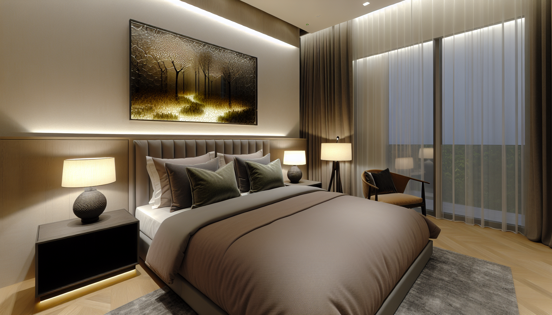 Glass wall art in a stylish bedroom