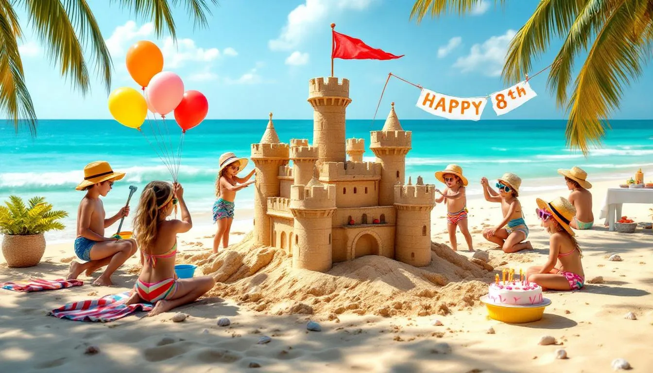 A group of children joyfully builds sandcastles at a vibrant beach party, surrounded by colorful decorations and the sound of waves from the ocean. This fun beach event captures the essence of childhood play and celebration by the sea.