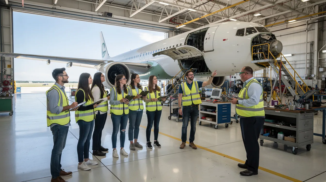 A group of students is guided by an instructor as they explore an aircraft maintenance facility, where they learn about the practical aspects of aviation maintenance. The setting emphasizes the training necessary for obtaining a mechanic certificate and the standards set by the Federal Aviation Administration (FAA) for aspiring aviation maintenance technicians.