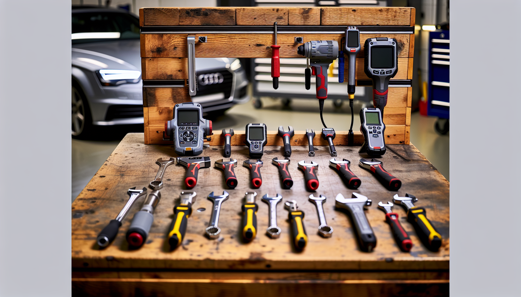 Various Audi diagnostic tools on a workbench