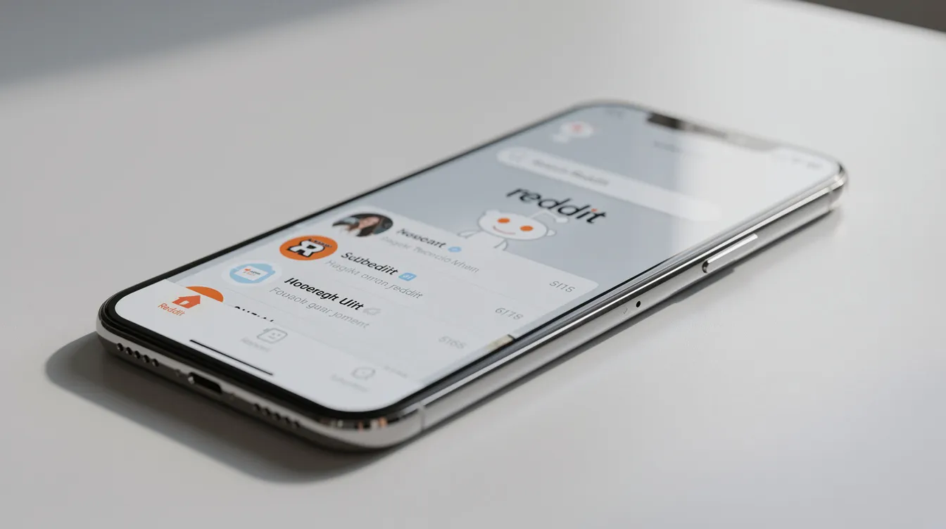 The image shows a smartphone displaying the Reddit app, featuring a search bar at the top and a list of subreddit results below. This interface allows users to explore relevant subreddits and engage with trending topics, enhancing their local SEO strategy through community-driven discussions and valuable content.