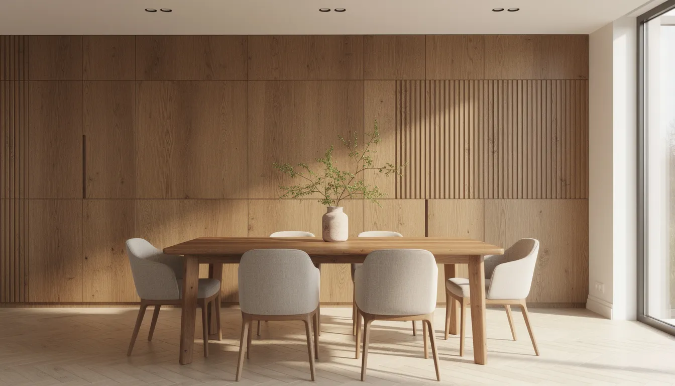 Een eetkamer met stijlvolle houten wandpanelen die perfect passen bij een massief eiken eettafel, wat zorgt voor een eigentijdse sfeer. De combinatie van de warme houtstructuur en de rustieke uitstraling creëert een sfeervolle omgeving.