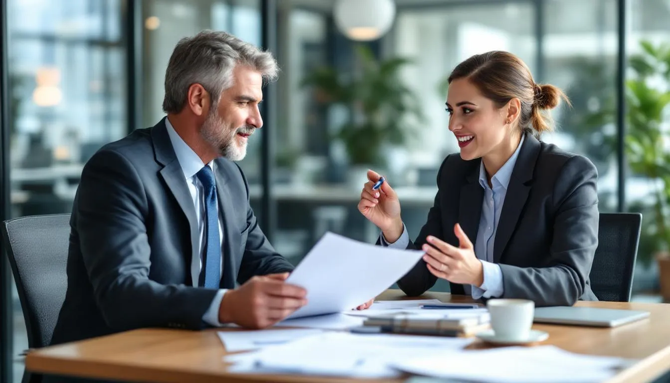 In the image, a business owner is seated at a desk discussing their commercial property insurance policy with an insurance agent, who is reviewing the details of the coverage and costs associated with protecting the company's physical assets. The scene conveys a professional atmosphere focused on ensuring the business is adequately protected against potential risks.