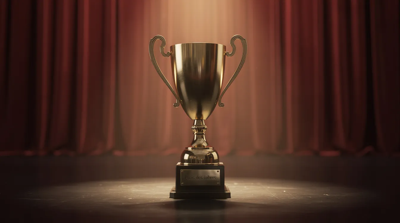 Eine goldene Trophäe steht auf einem beleuchteten Sockel auf einer Bühne, während ein roter Samtvorhang im Hintergrund für eine festliche Atmosphäre sorgt. Diese Szene könnte Teil einer Preisverleihung für die besten Filme aller Zeiten sein, in der Meisterwerke der Filmgeschichte geehrt werden.