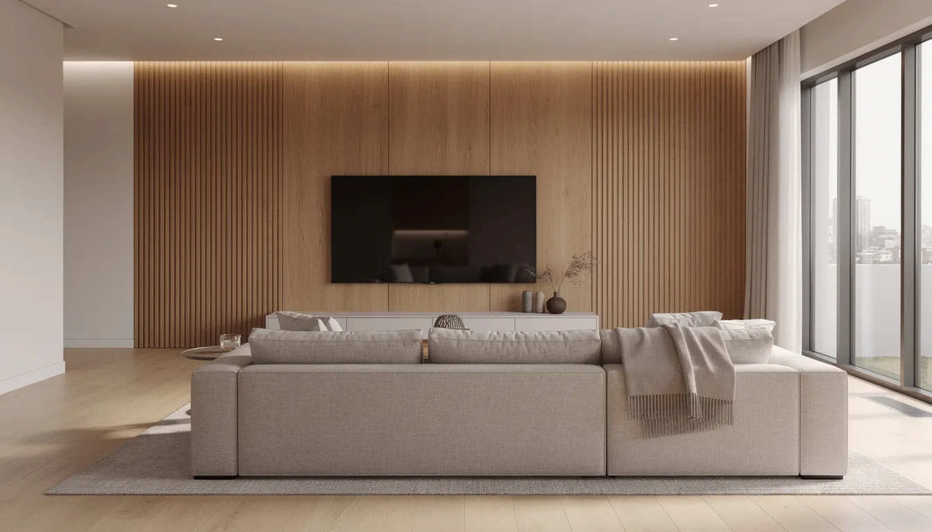 Een moderne woonkamer met stijlvolle houten wandpanelen achter een grote televisie en een comfortabele bank, die zorgt voor een betere akoestiek en een gezellige sfeer. De wandpanelen zijn perfect voor het creëren van een hippe uitstraling en zijn gemaakt van duurzame materialen.