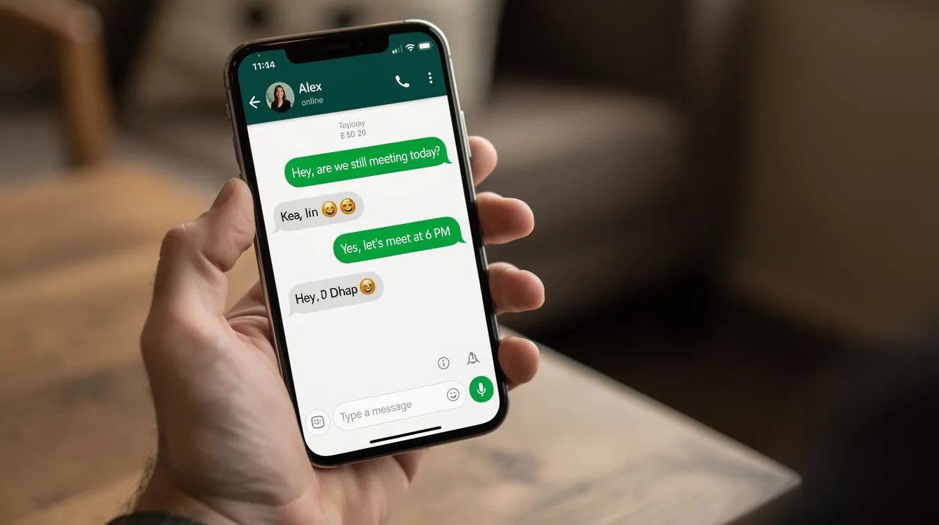 A person is holding a smartphone displaying a WhatsApp conversation, suggesting a discussion about DSTV installation services in Strandfontein. The image highlights the convenience of communication for scheduling professional DSTV installations or troubleshooting signal problems.