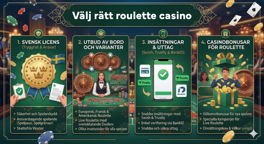 Välj rätt roulette casino online – svensk licens, olika roulettebord, snabba insättningar med Swish och Trustly samt casinobonusar