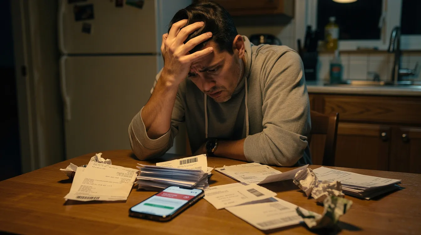 The image depicts a stressed individual sitting at a kitchen table cluttered with envelopes and a mobile phone, reflecting a challenging financial situation. This scene evokes feelings of anxiety related to managing debts and understanding one's financial status, possibly involving discussions about 二線 清 數 and the implications for their 信貸 評 級.