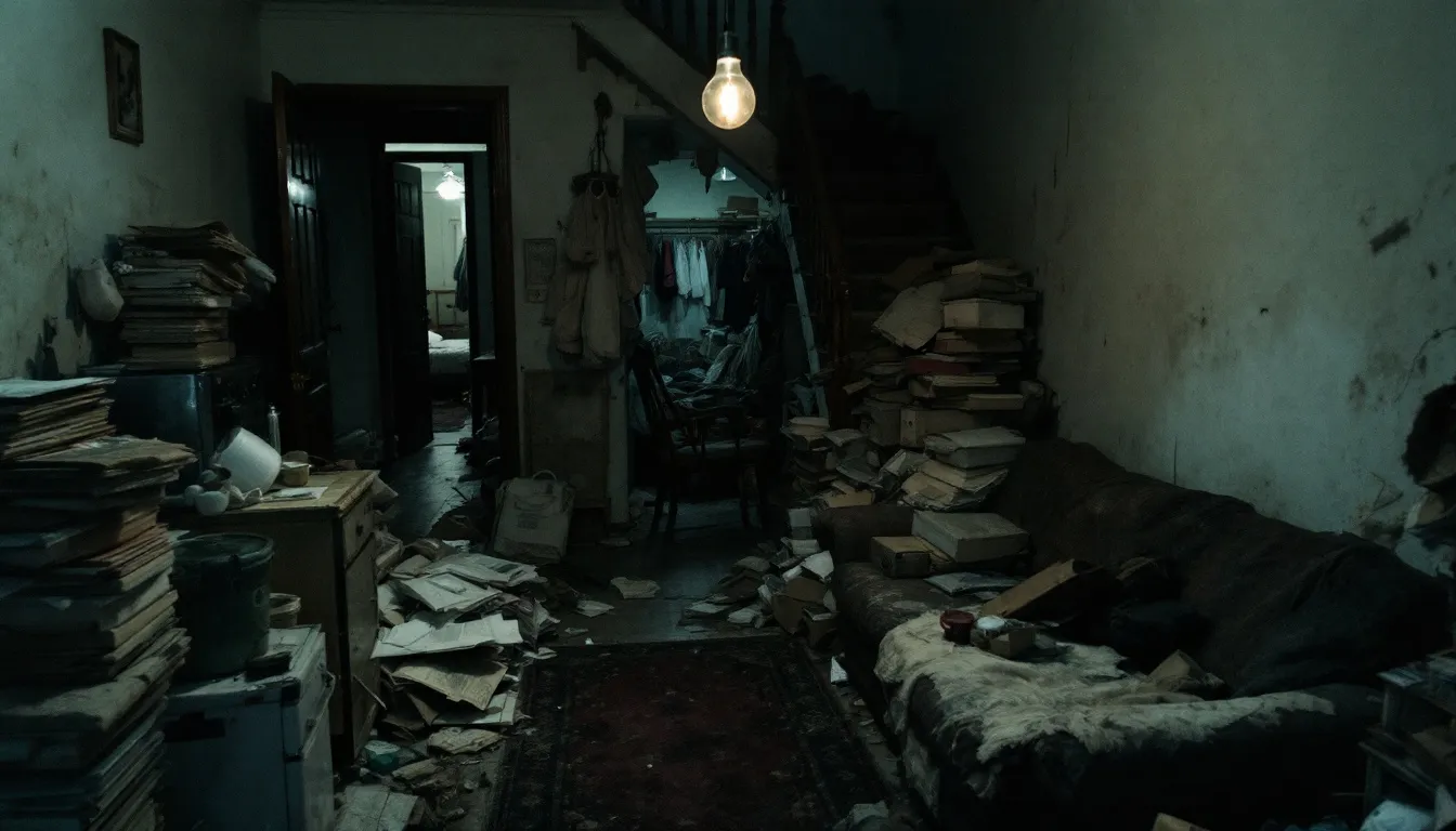 An image illustrating structural hazards in a hoarder's house, highlighting potential dangers.