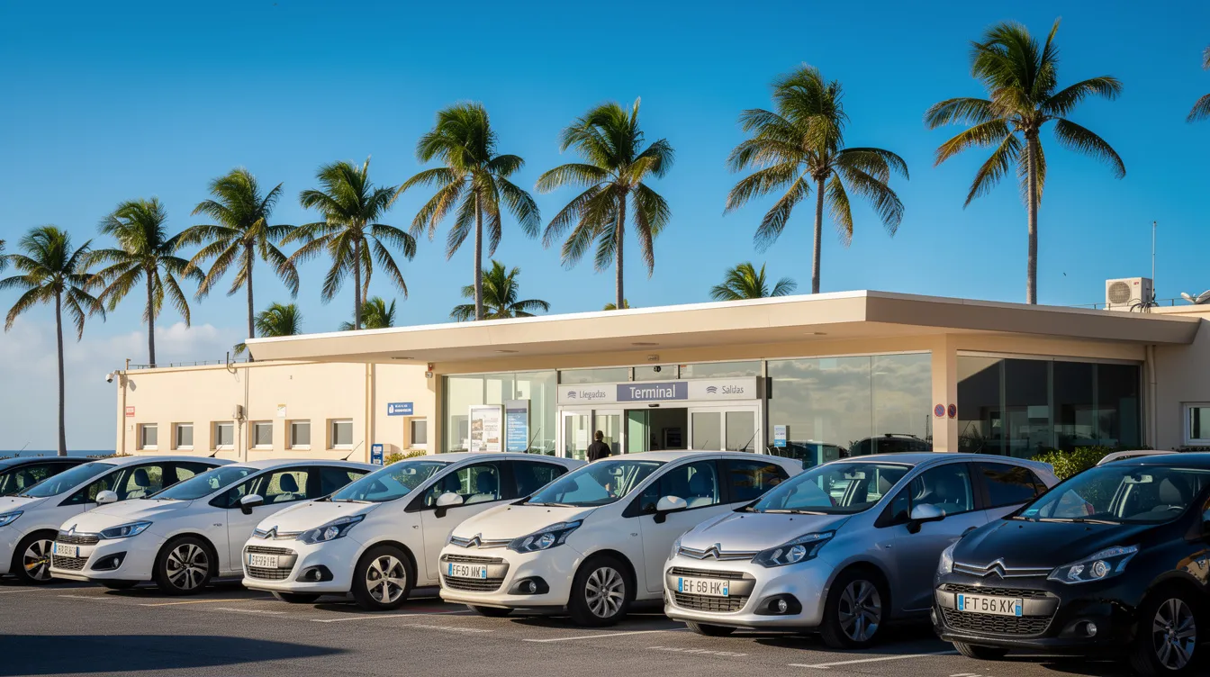 Coches aparcados frente a una pequeña terminal de aeropuerto rodeada de palmeras.