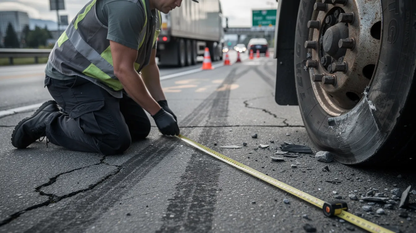 A close-up scene captures a crash investigator in a neutral safety vest kneeling on asphalt, meticulously measuring skid marks near a damaged semi truck tire in Seattle. The background features a parked commercial tractor trailer surrounded by hazard cones, with hints of urban Seattle life blurred in the distance, emphasizing the serious nature of truck accidents and the importance of thorough investigation for truck accident claims.