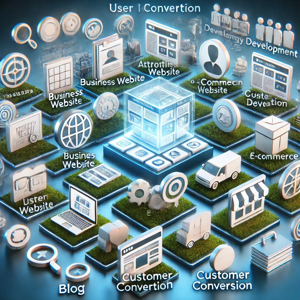 Variedad de tipos de sitios web: negocio, blog, e-commerce y portafolio, con íconos de identificación de usuario, conversión y desarrollo de estrategias. | Posiciona.Digital