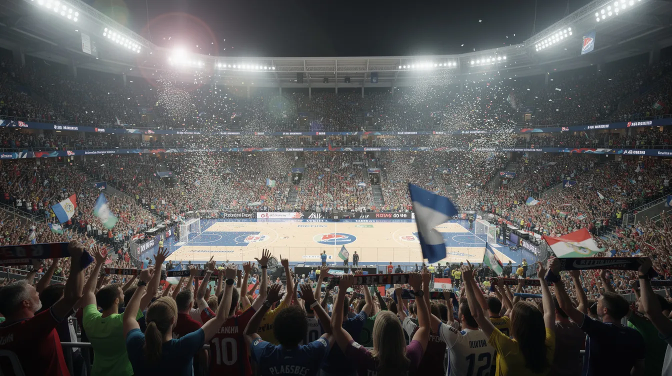 The image depicts a lively, crowded sports arena filled with enthusiastic fans cheering passionately under bright stadium lights, creating an electrifying atmosphere typical of major sports events. This scene captures the excitement of live sports, reminiscent of the best IPTV service experiences where viewers enjoy high-definition streaming of live channels and major sports leagues from the comfort of their homes.