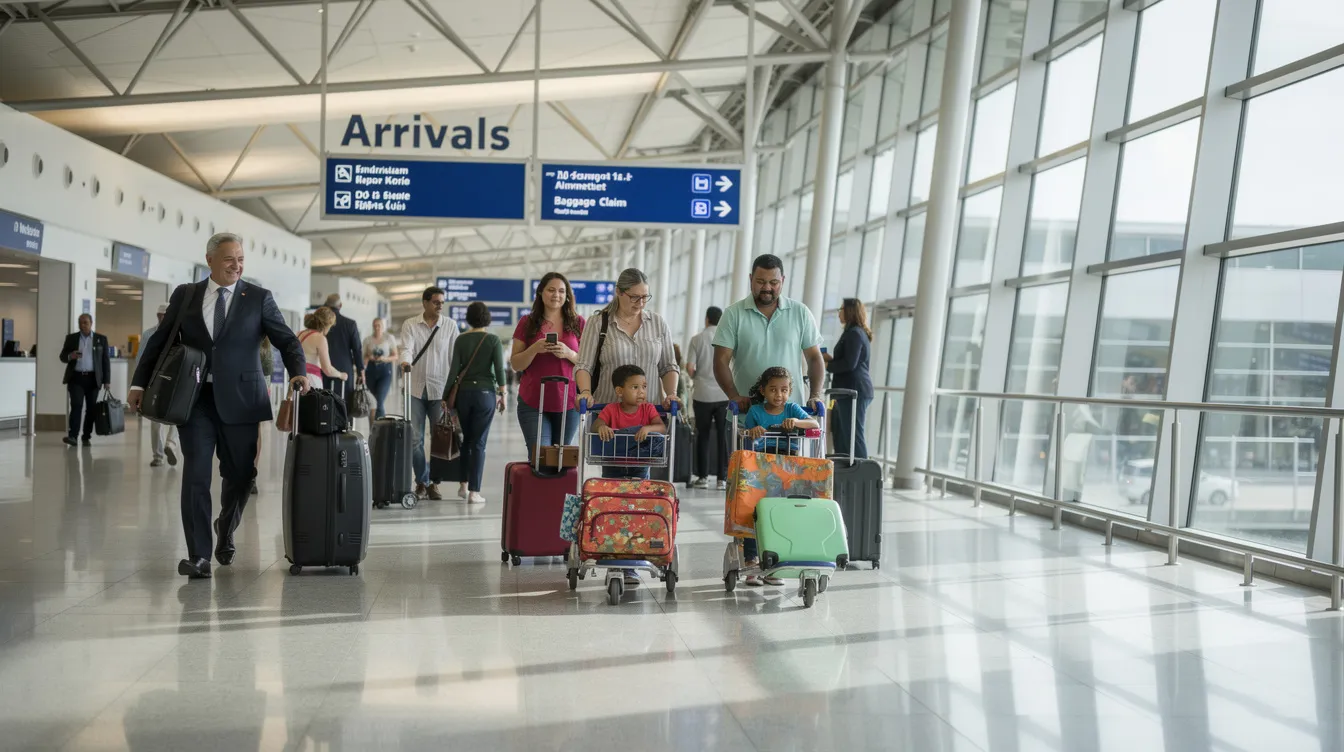 The image shows passengers walking through an airport arrivals corridor, each carrying luggage as they arrive from various destinations. This bustling scene reflects the excitement of travel and the diverse backgrounds of travelers arriving in a new country, possibly for work or to obtain a visa for Germany from Ireland.