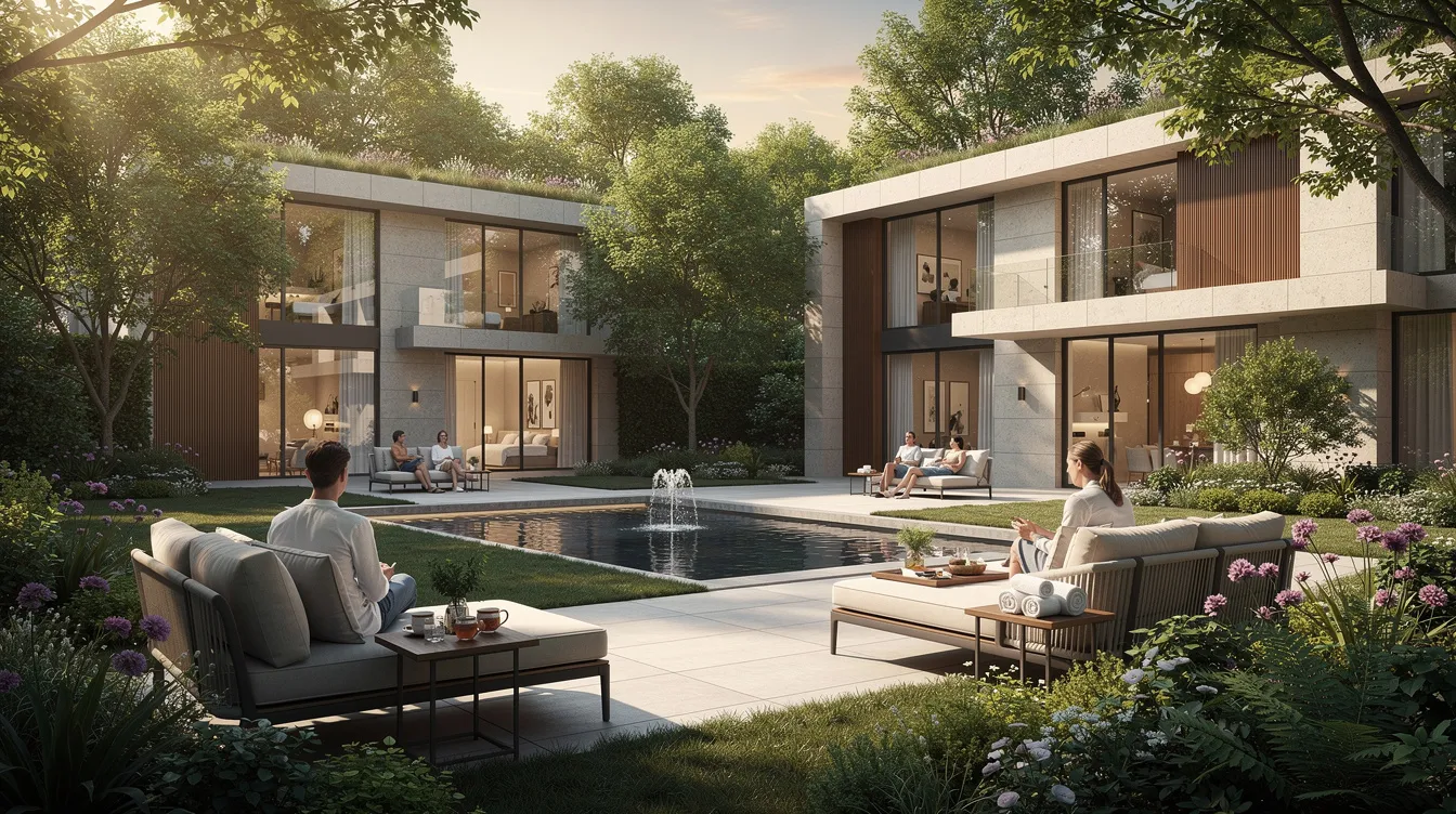 The image depicts a serene luxury treatment facility featuring comfortable outdoor spaces, designed for relaxation and recovery. Bright colors and inviting seating areas create a tranquil atmosphere, ideal for patients seeking a peaceful environment for their treatment.