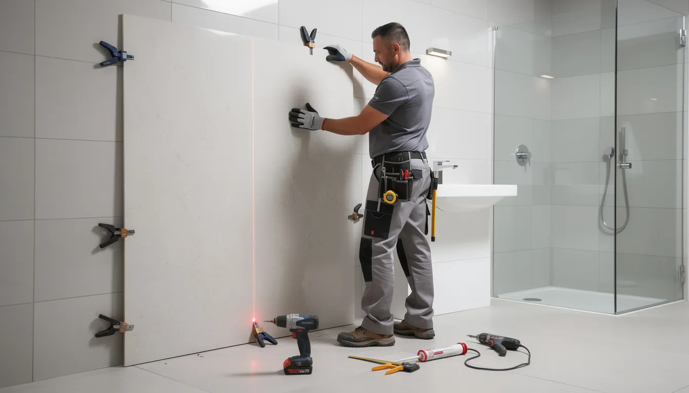 A professional installer is working on modern bathroom wall panels using advanced tools, showcasing the process of a bathroom renovation. The scene highlights the careful installation of fixtures, emphasizing the importance of safety and style in creating a fresh and accessible space.
