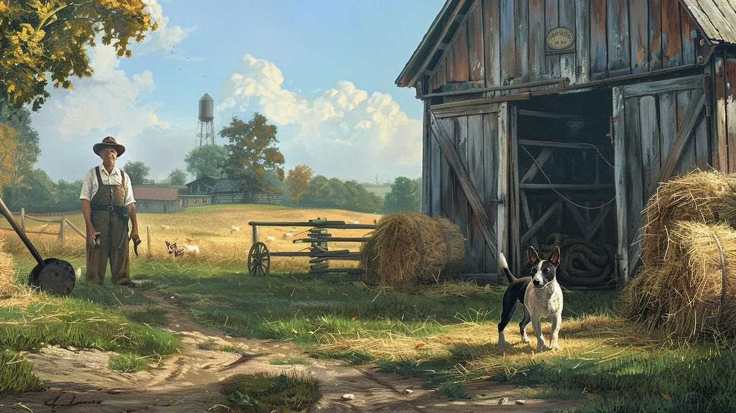A Rat Terrier standing in front of a barn with a proud Teddy Roosevelt 