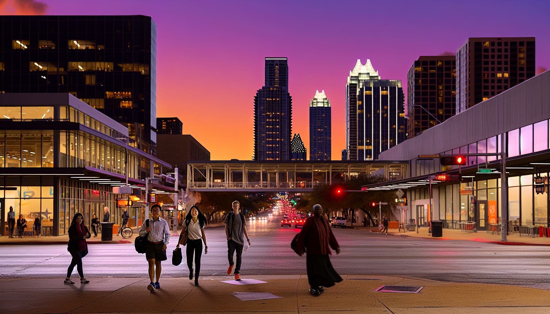 Downtown Austin skyline with pedestrian-friendly streets