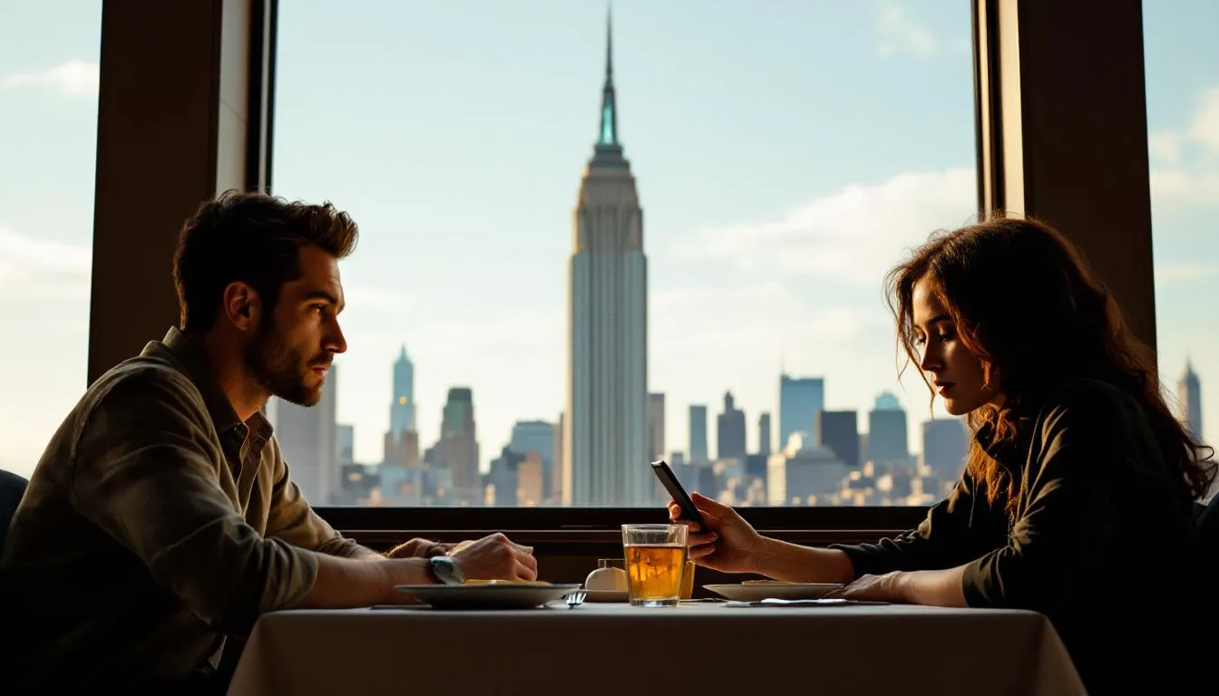 In a dimly lit restaurant in Manhattan, a couple sits at a table with the iconic Chrysler Building visible in the background. The husband appears self-absorbed, engrossed in his phone, while the wife looks isolated and emotional, highlighting the warning signs of a one-sided relationship marked by the husband's selfish behavior.
